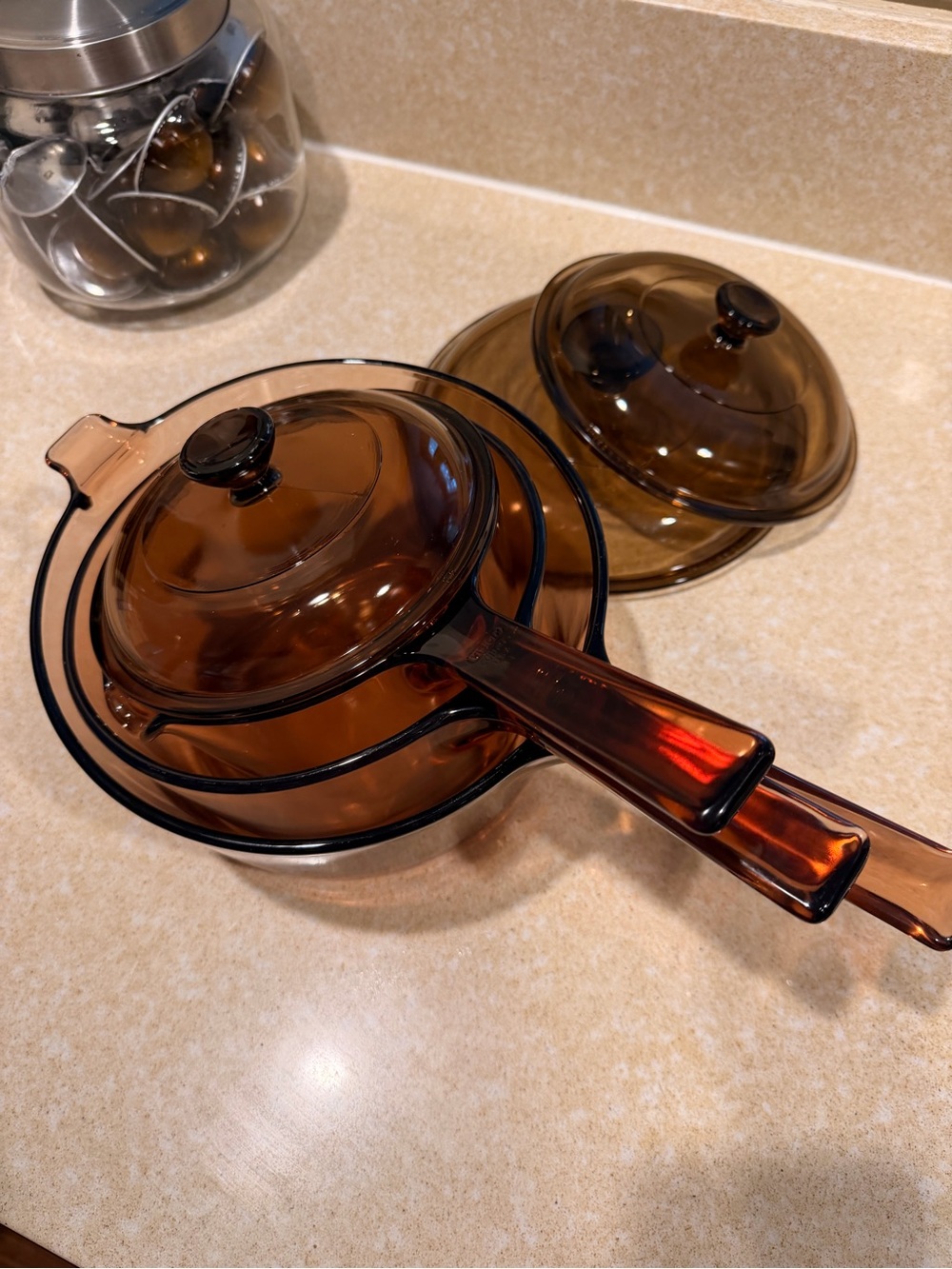 Corningware Amber Brown Glass Saucepan Set with Lids and Handles